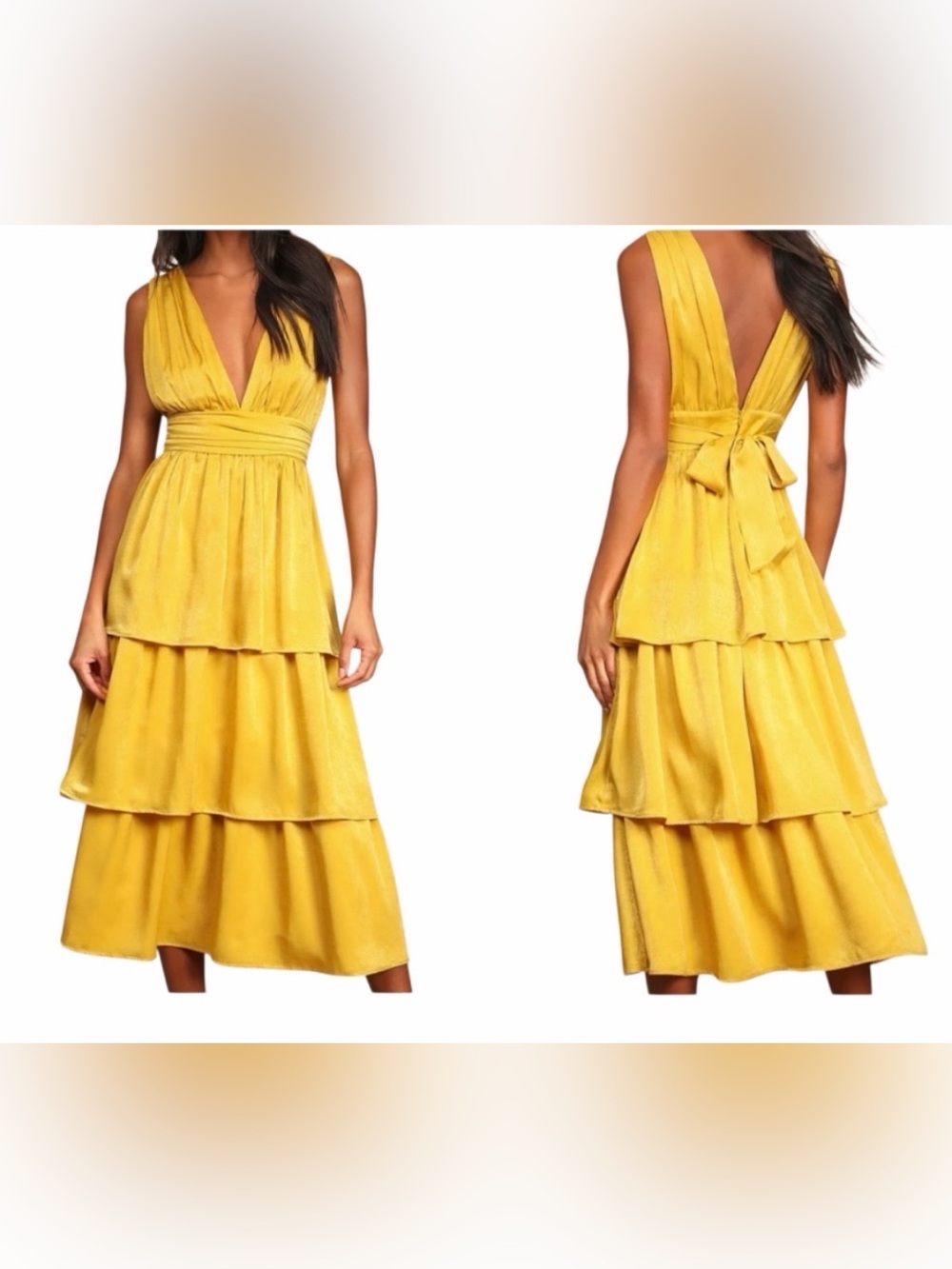 Lulu's Mustard Yellow Tiered V‑Neck Midi Dress